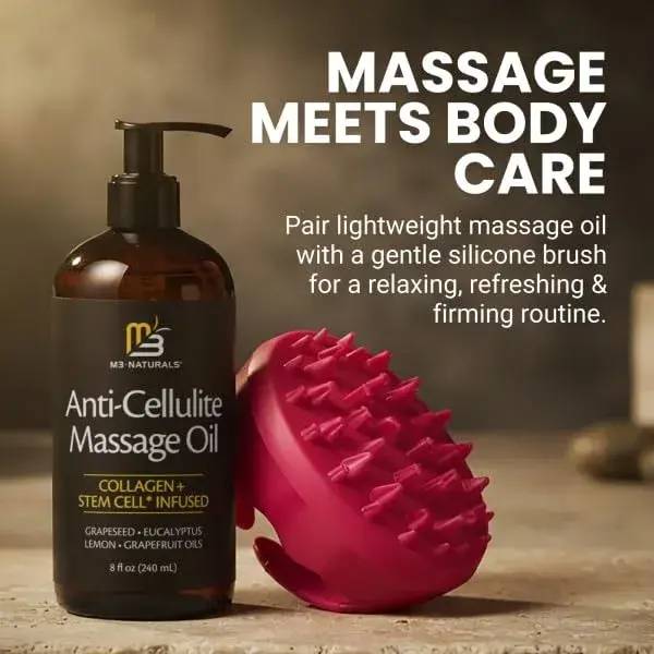 M3 Naturals Anti Cellulite Massage Oil 8 fl oz (237ml) with Silicone Body Brush Kit | Collagen & Stem Cell Infused - view 4