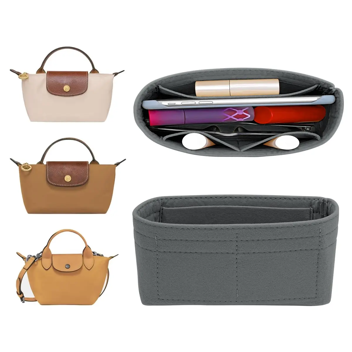 LOUKAYCCI Felt Mini Organizer Insert for Longchamp XS Bag | Compact & Multi-Compartment (70-120 chars) - main product image