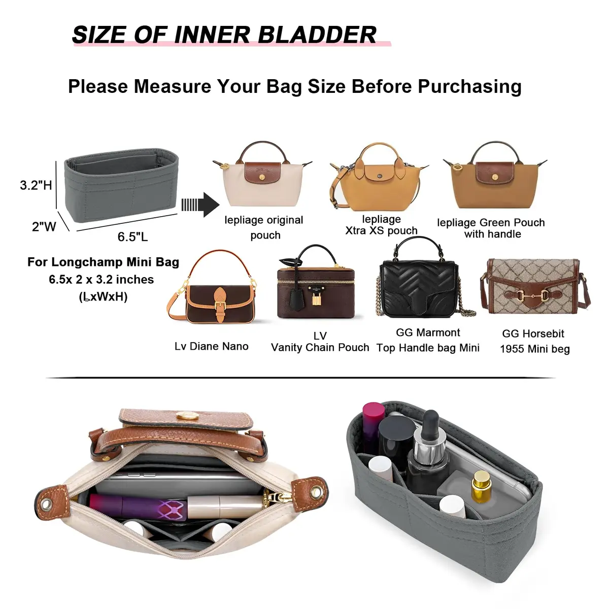 LOUKAYCCI Felt Mini Organizer Insert for Longchamp XS Bag | Compact & Multi-Compartment (70-120 chars) - view 2
