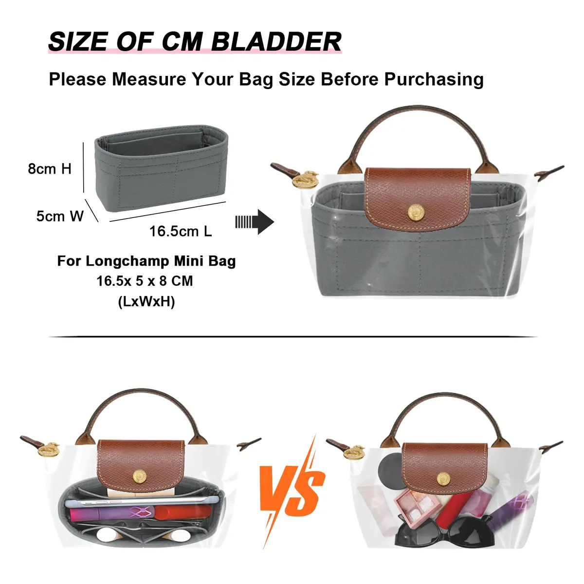LOUKAYCCI Felt Mini Organizer Insert for Longchamp XS Bag | Compact & Multi-Compartment (70-120 chars) - view 3