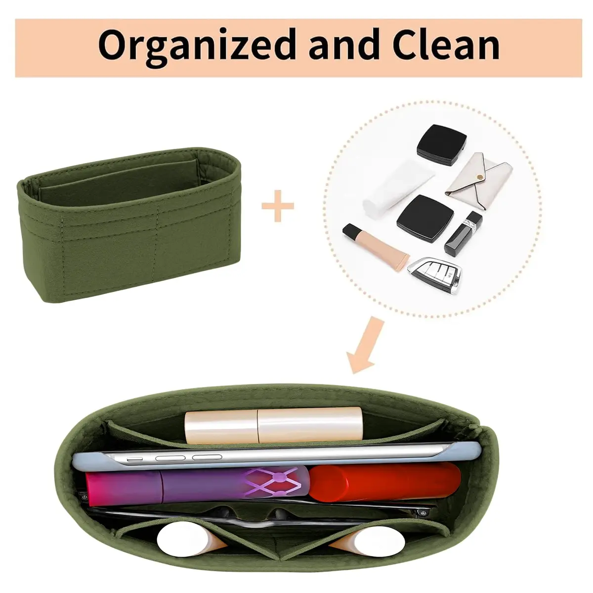 LOUKAYCCI Felt Mini Organizer Insert for Longchamp XS Bag, Green | 16.5cm (6.5") L x 5cm (2") W x 8cm (3.2") H - view 5