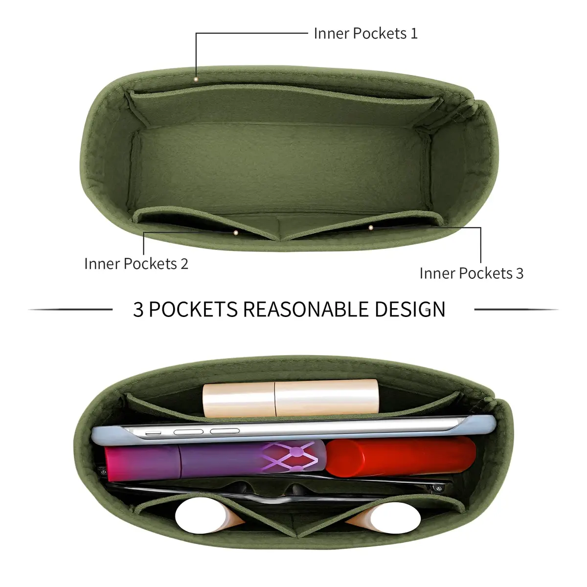 LOUKAYCCI Felt Mini Organizer Insert for Longchamp XS Bag, Green | 16.5cm (6.5") L x 5cm (2") W x 8cm (3.2") H - view 6