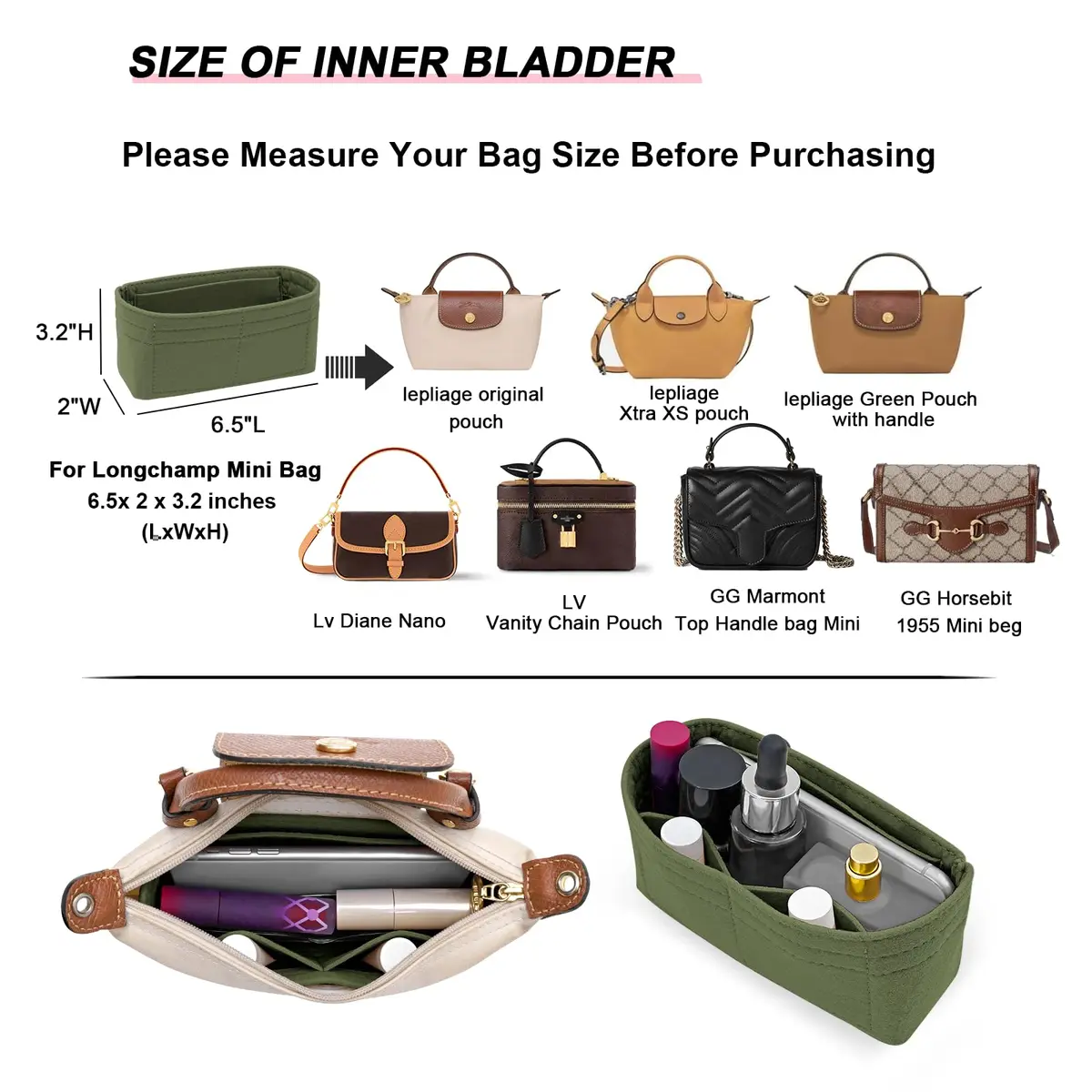 LOUKAYCCI Felt Mini Organizer Insert for Longchamp XS Bag, Green | 16.5cm (6.5") L x 5cm (2") W x 8cm (3.2") H - view 2
