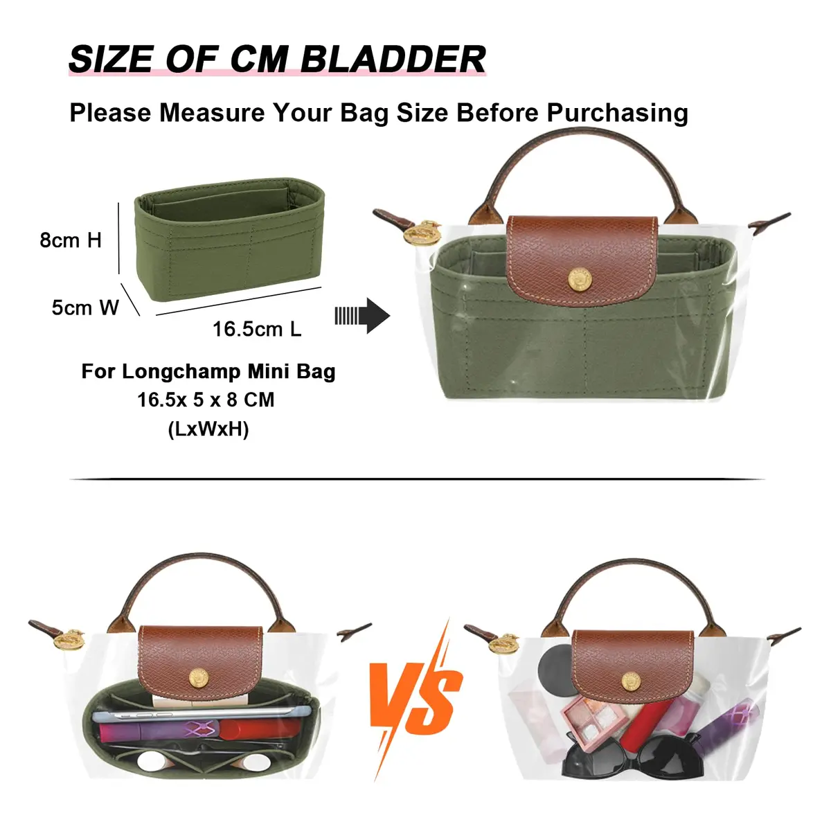 LOUKAYCCI Felt Mini Organizer Insert for Longchamp XS Bag, Green | 16.5cm (6.5") L x 5cm (2") W x 8cm (3.2") H - view 3