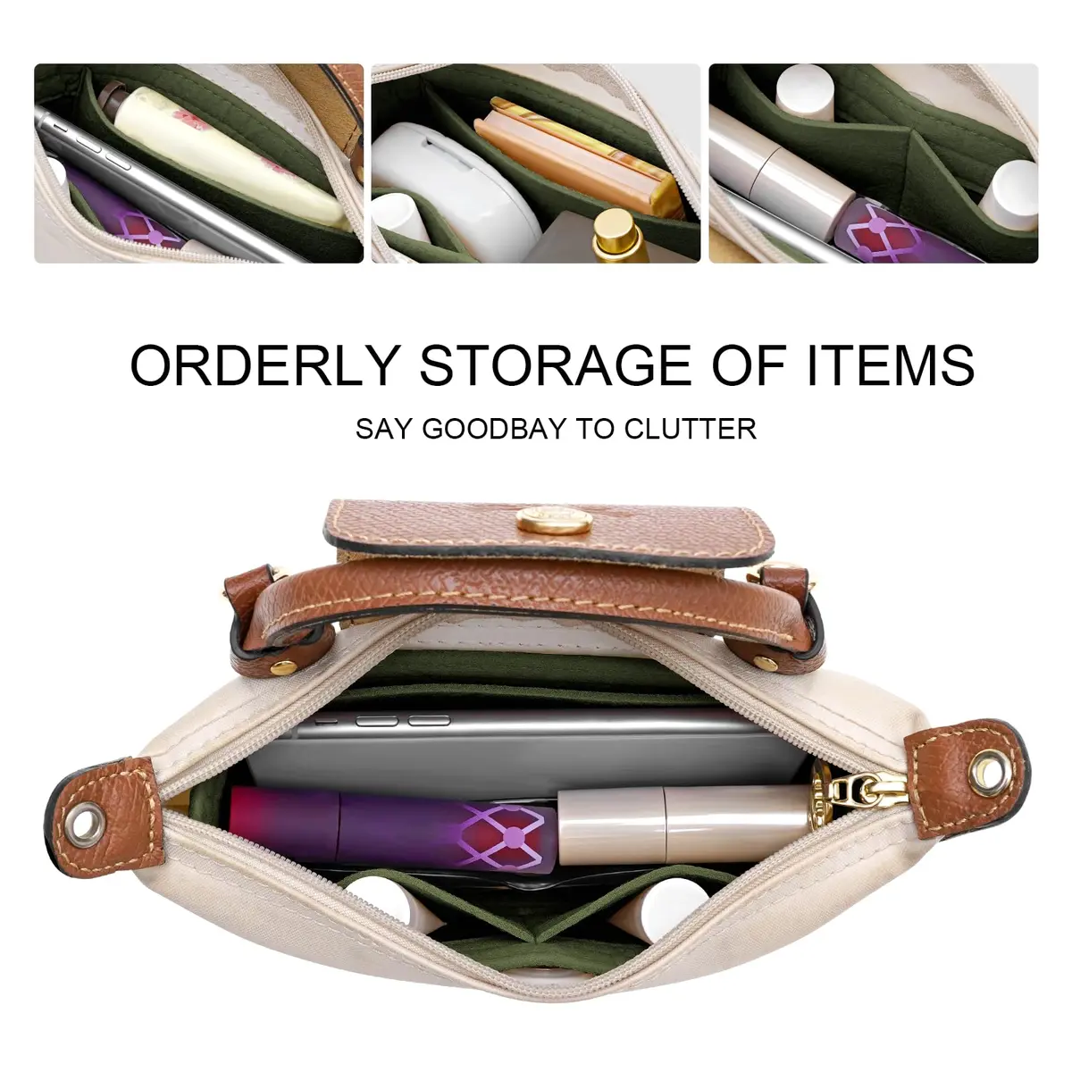 LOUKAYCCI Felt Mini Organizer Insert for Longchamp XS Bag, Green | 16.5cm (6.5") L x 5cm (2") W x 8cm (3.2") H - view 4