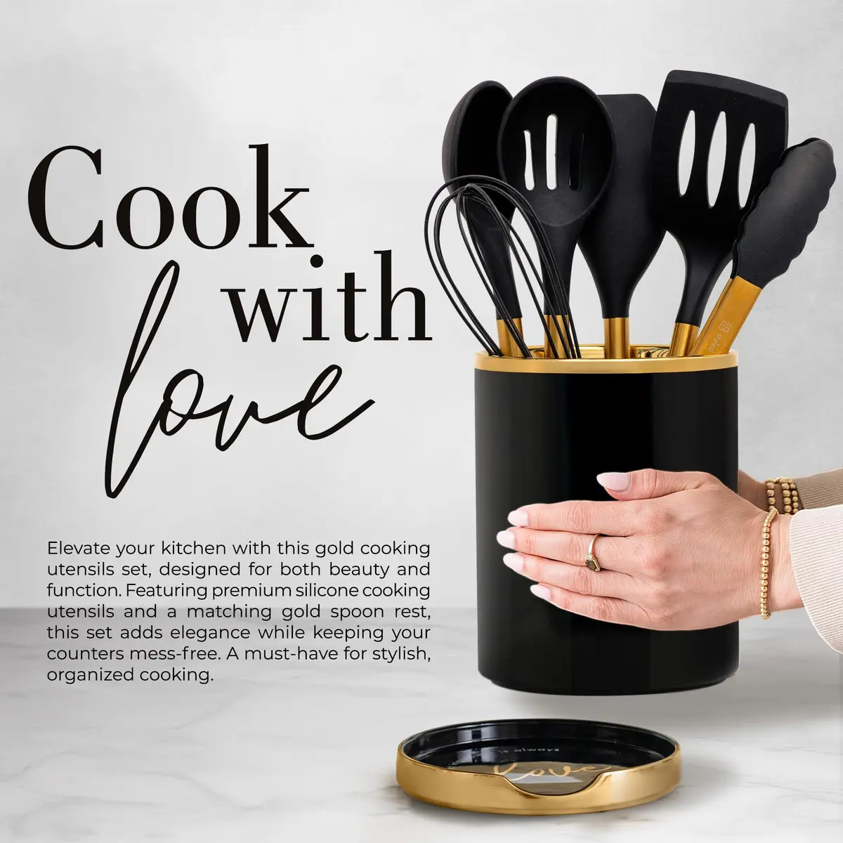 Styled Settings Black and Gold Kitchen Utensils Set with Holder, 8-Piece | Modern Nonstick Silicone & Ceramic Design - view 5
