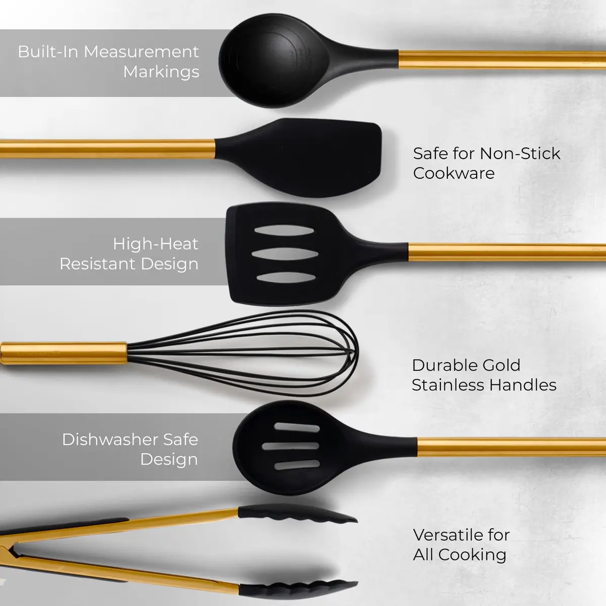 Styled Settings Black and Gold Kitchen Utensils Set with Holder, 8-Piece | Modern Nonstick Silicone & Ceramic Design - view 7
