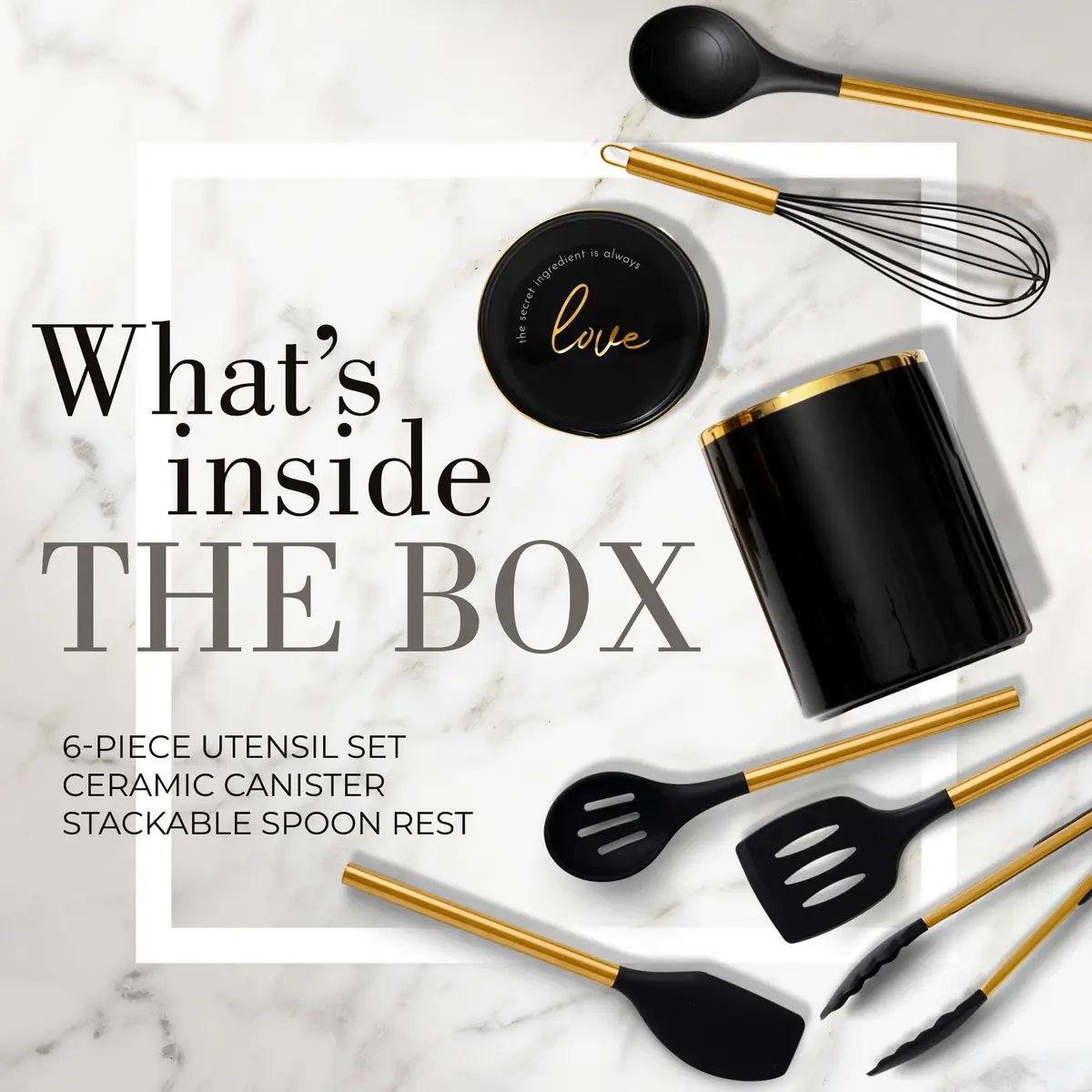 Styled Settings Black and Gold Kitchen Utensils Set with Holder, 8-Piece | Modern Nonstick Silicone & Ceramic Design - view 2