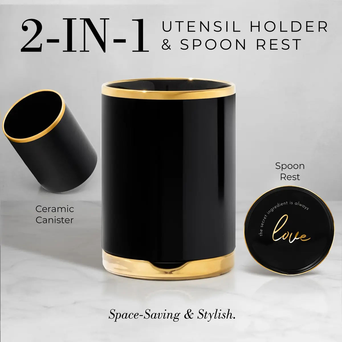 Styled Settings Black and Gold Kitchen Utensils Set with Holder, 8-Piece | Modern Nonstick Silicone & Ceramic Design - view 3