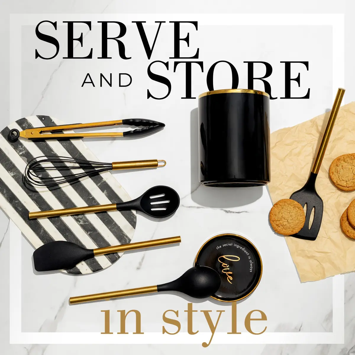 Styled Settings Black and Gold Kitchen Utensils Set with Holder, 8-Piece | Modern Nonstick Silicone & Ceramic Design - view 4