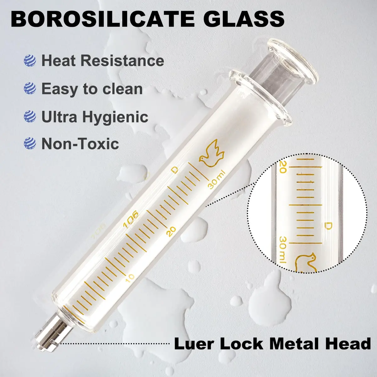 Jiaxix 30ml/cc Glass Syringe with Metal Head and Caps (2-Pack, 60ml Total) | Reusable, High-Temp Resistant, Clear Scale - view 3