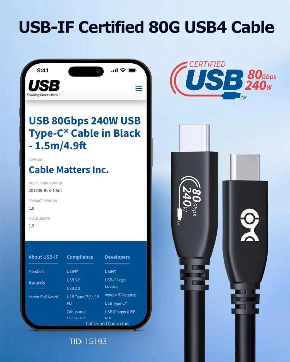 Cable Matters USB4 Cable 4.9ft | 80Gbps Thunderbolt 5/4 Compatible, 8K Video, 240W Power - view 2