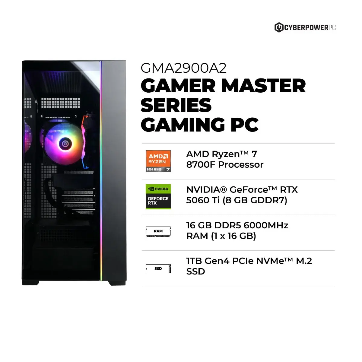 CyberpowerPC Gamer Master Gaming PC, AMD Ryzen 7 8700F, RTX 5060 Ti 8GB, 16GB DDR5, 1TB PCIe 4.0 SSD, Windows 11 Home - view 2