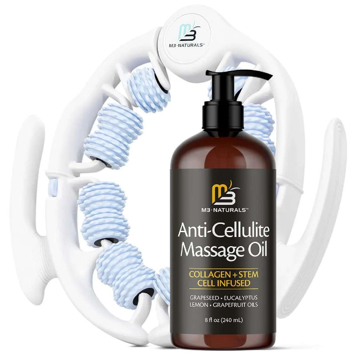 M3 Naturals Anti Cellulite Oil & Lymphatic Drainage Massager Kit | 8 fl oz (237 ml) | Smoother Skin - main product image