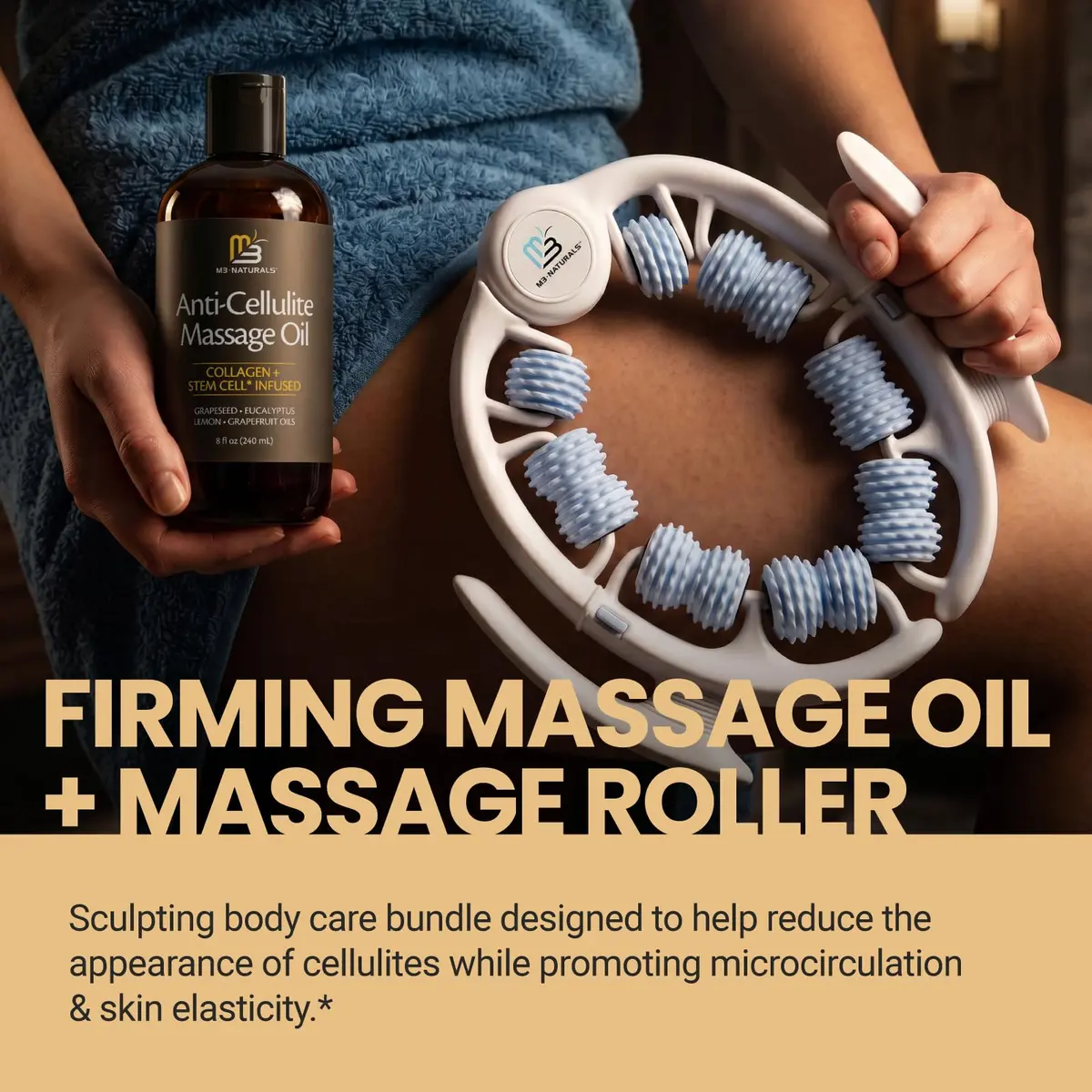 M3 Naturals Anti Cellulite Oil & Lymphatic Drainage Massager Kit | 8 fl oz (237 ml) | Smoother Skin - view 5