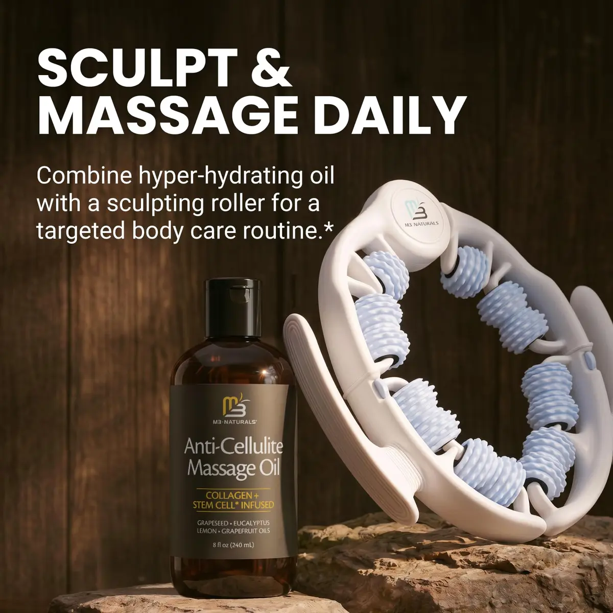 M3 Naturals Anti Cellulite Oil & Lymphatic Drainage Massager Kit | 8 fl oz (237 ml) | Smoother Skin - view 6