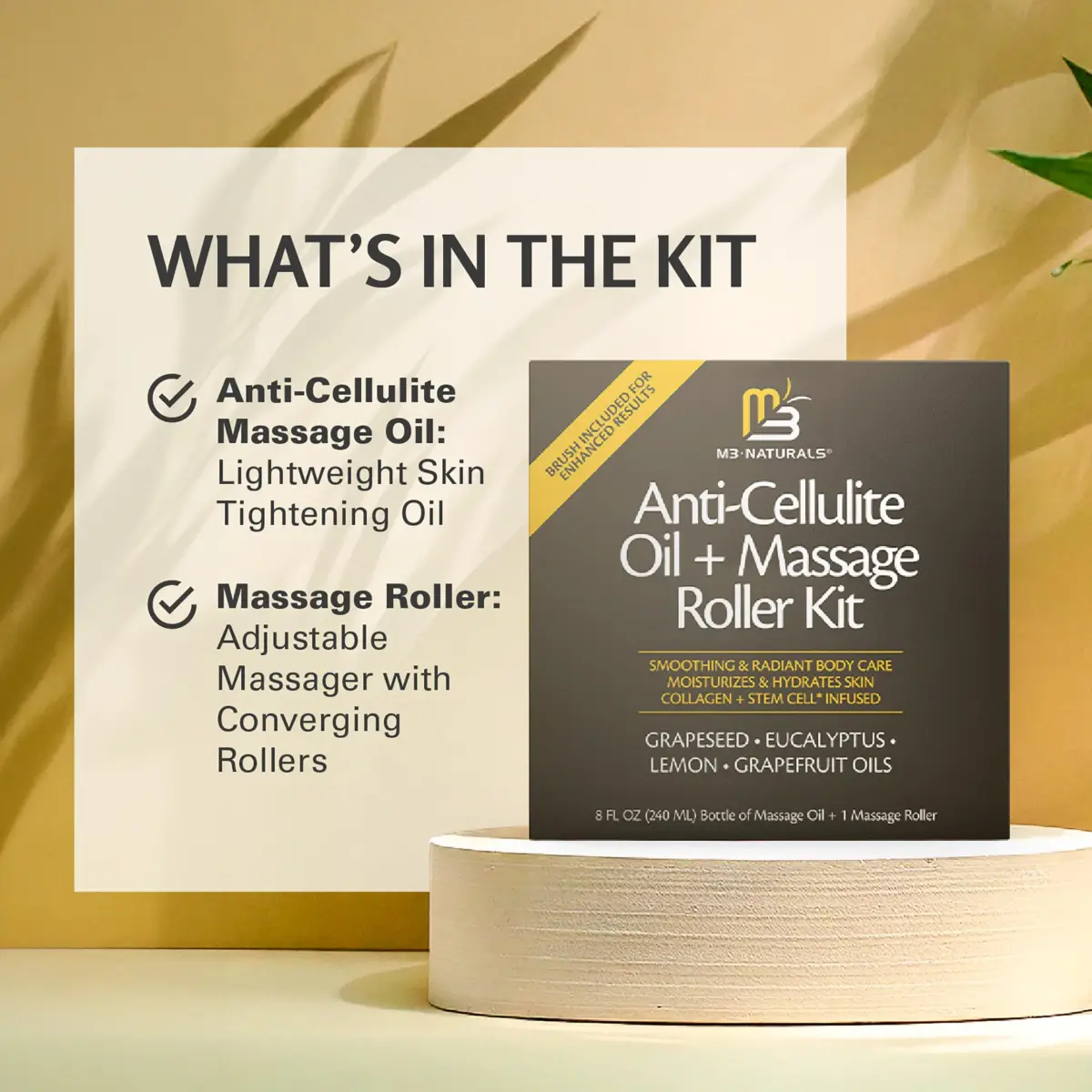 M3 Naturals Anti Cellulite Oil & Lymphatic Drainage Massager Kit | 8 fl oz (237 ml) | Smoother Skin - view 5
