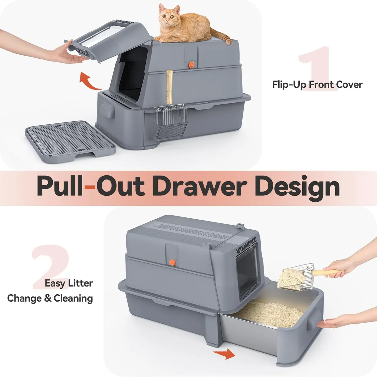 Wooaidagg Enclosed Stainless Steel Cat Litter Box 25" x 17" x 16.5" | Odor Control & Easy Cleaning - view 2