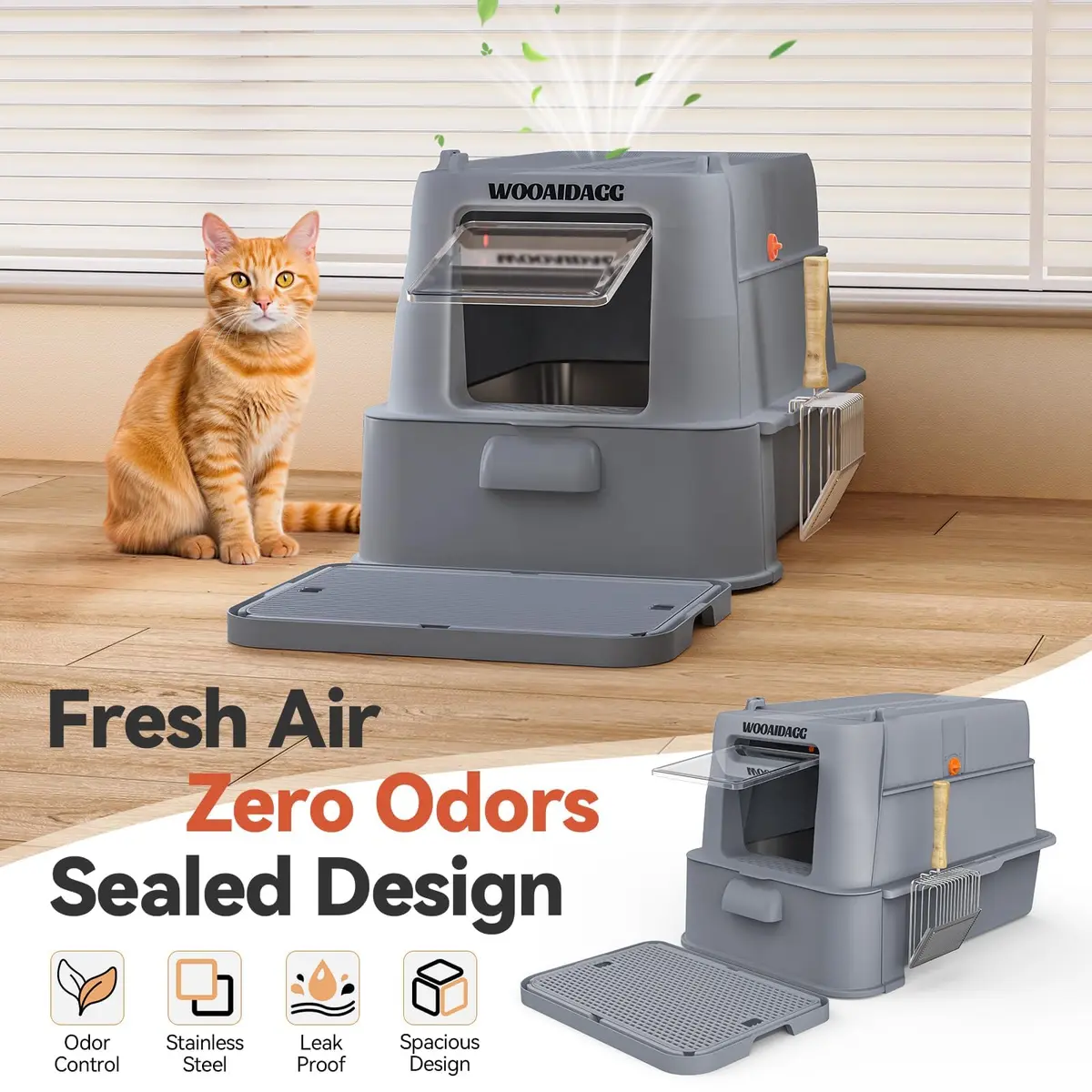 Wooaidagg Enclosed Stainless Steel Cat Litter Box 25" x 17" x 16.5" | Odor Control & Easy Cleaning - view 4