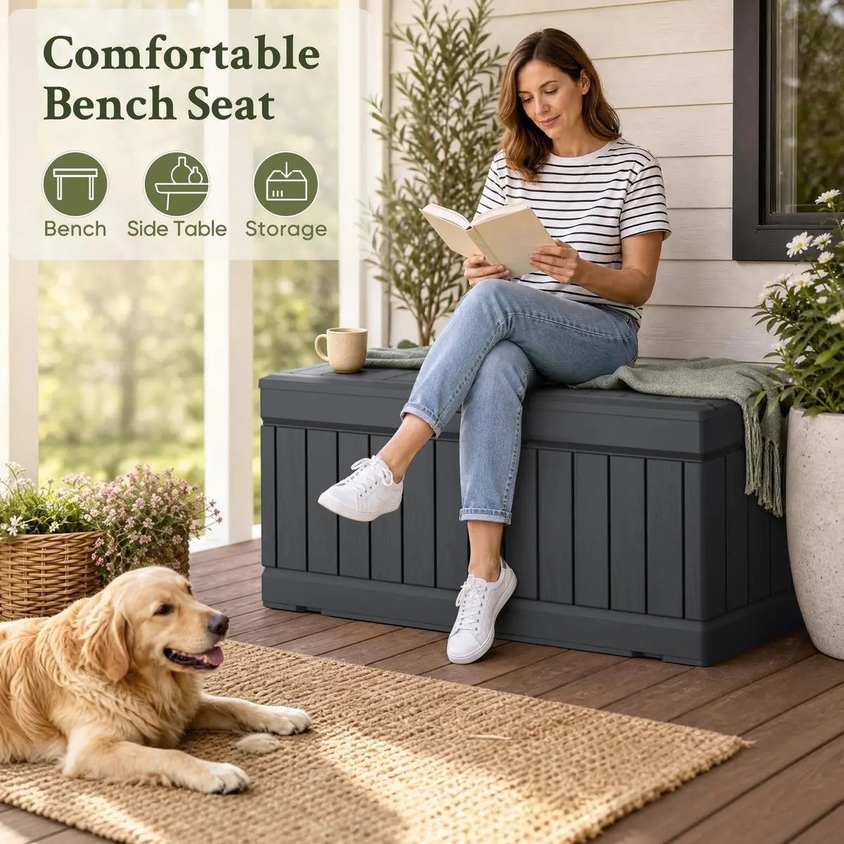 Devoko 78 Gallon Deck Box Waterproof Resin Outdoor Storage Bench with Lockable Lid - view 6