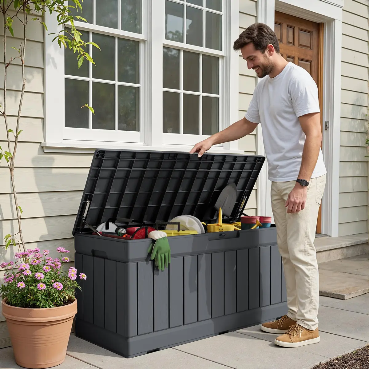 Devoko 78 Gallon Deck Box Waterproof Resin Outdoor Storage Bench with Lockable Lid - view 3