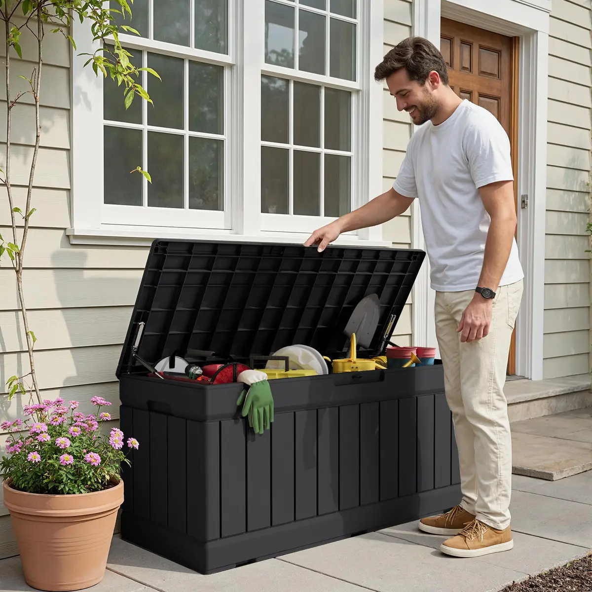 Devoko 78 Gallon Deck Box Waterproof Resin Outdoor Storage Bench with Lockable Lid - view 5