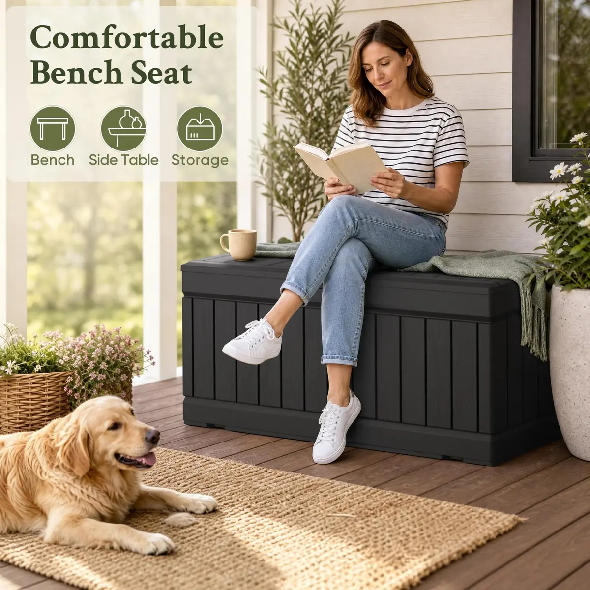 Devoko 78 Gallon Deck Box Waterproof Resin Outdoor Storage Bench with Lockable Lid - view 6