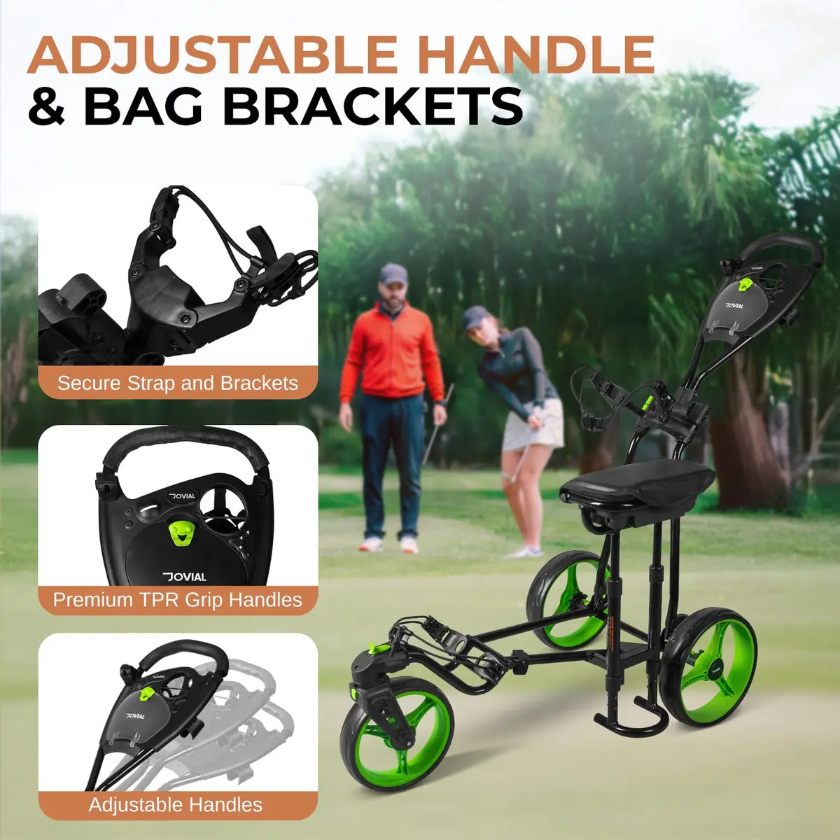JOVIAL Golf Push Cart 3 Wheel | Foldable Steel Frame, Adjustable Handle, Quick Brake, 33.1 lbs Capacity - view 3