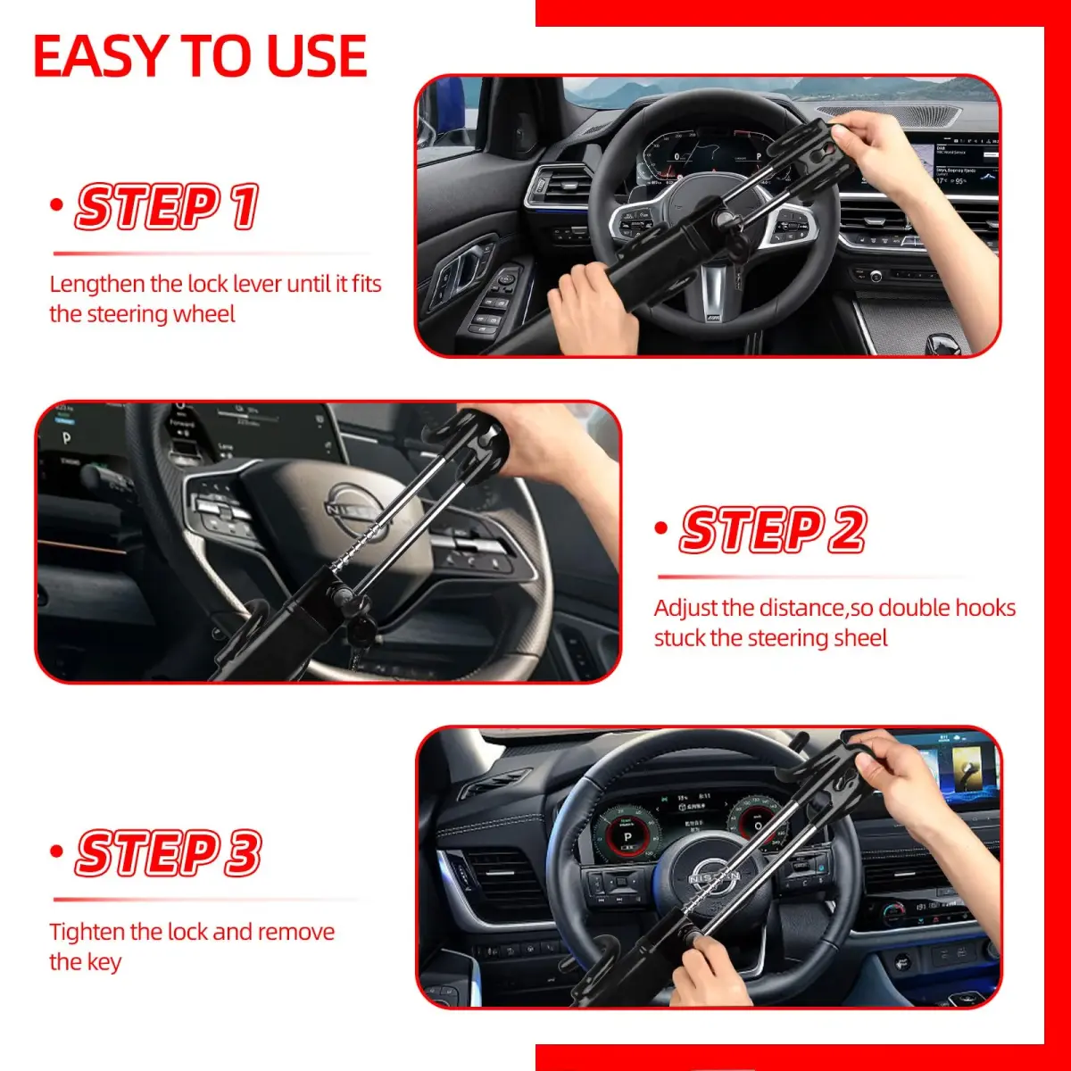NOEAIKE Heavy Duty Steering Wheel Lock Anti-Theft Car Device with Dual Hooks & 2 Keys | Fits 12.7cm-33cm Wheels - view 5