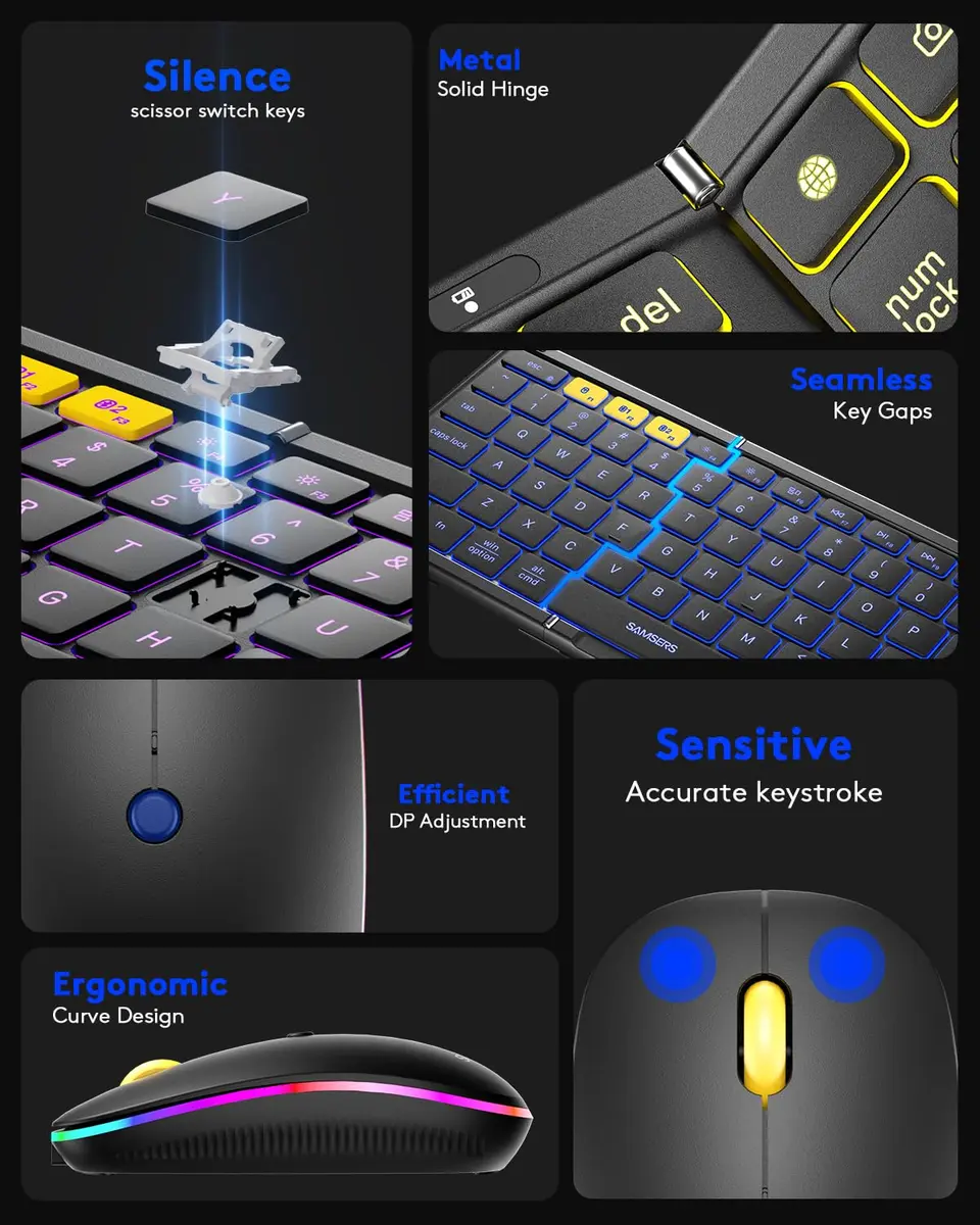 Samsers Foldable Keyboard and Mouse Combo with Backlit, Full-Size Portable Travel Keyboard & Rechargeable Wireless Mouse (Black) - view 9