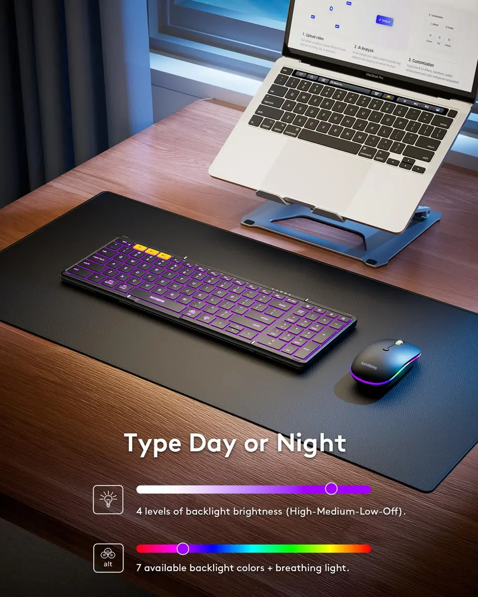 Samsers Foldable Keyboard and Mouse Combo with Backlit, Full-Size Portable Travel Keyboard & Rechargeable Wireless Mouse (Black) - view 2
