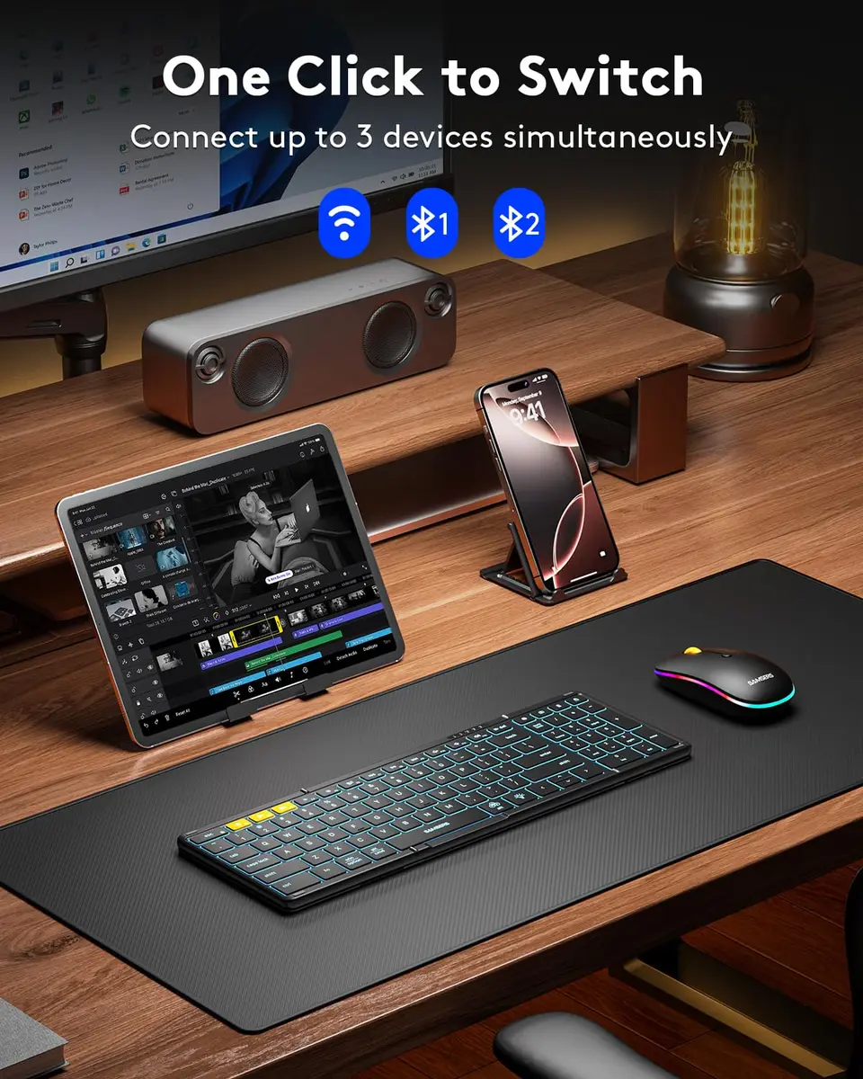 Samsers Foldable Keyboard and Mouse Combo with Backlit, Full-Size Portable Travel Keyboard & Rechargeable Wireless Mouse (Black) - view 3