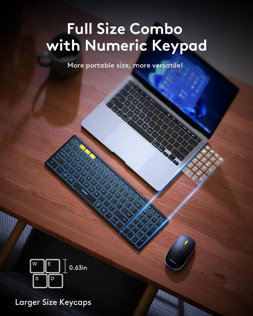 Samsers Foldable Keyboard and Mouse Combo with Backlit, Full-Size Portable Travel Keyboard & Rechargeable Wireless Mouse (Black) - view 4