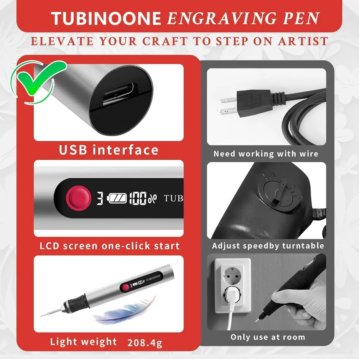 TUBINOONE Engraving Pen Silver | Cordless Portable Art & DIY Tool for Surfaces - view 5