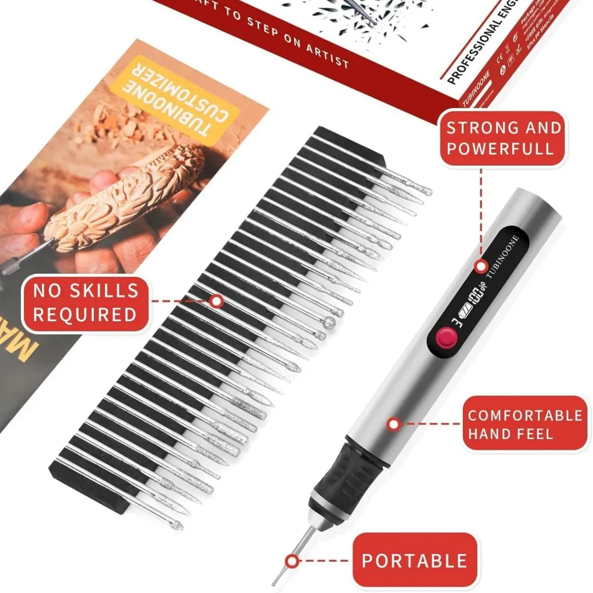 TUBINOONE Engraving Pen Silver | Cordless Portable Art & DIY Tool for Surfaces - view 6