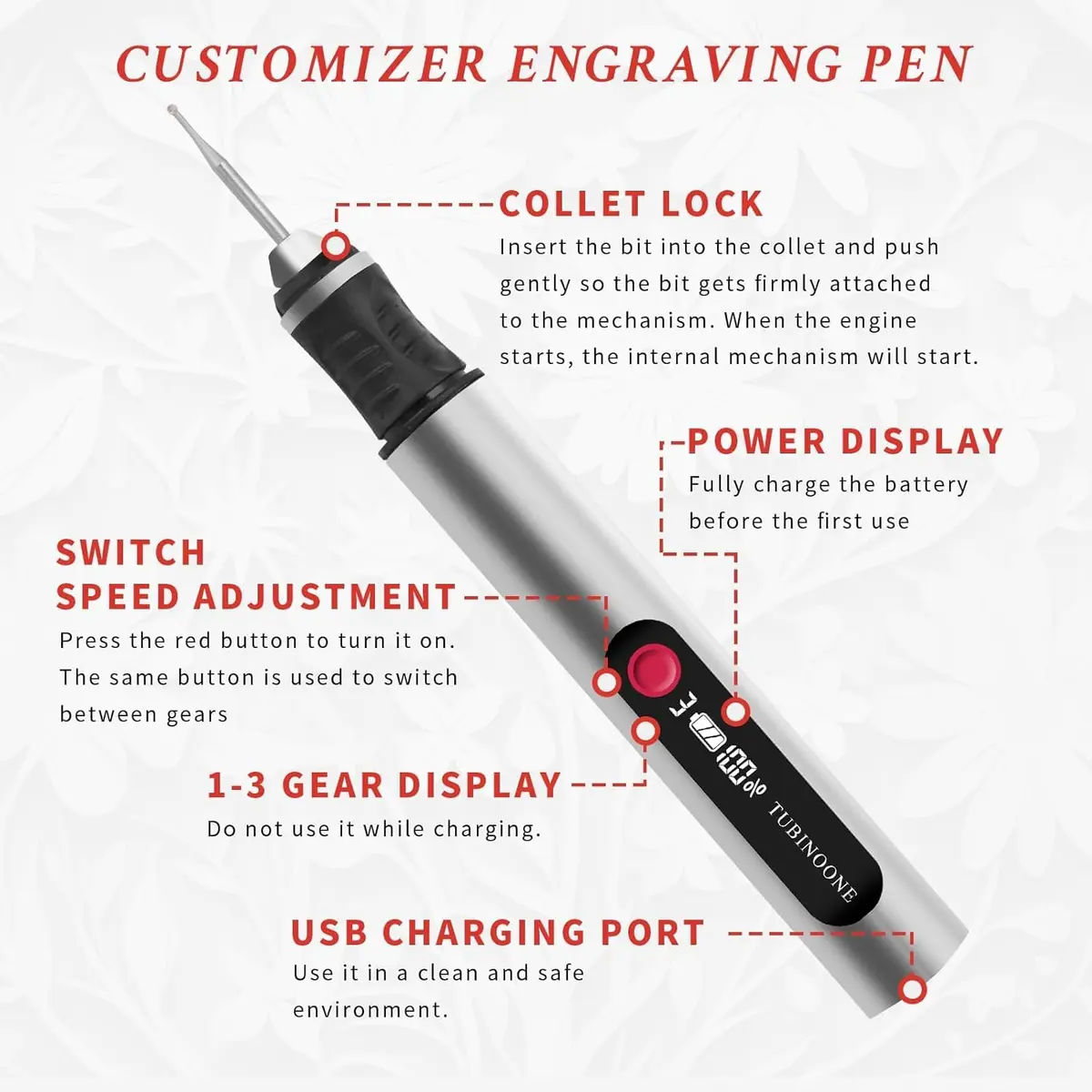 TUBINOONE Engraving Pen Silver | Cordless Portable Art & DIY Tool for Surfaces - view 4