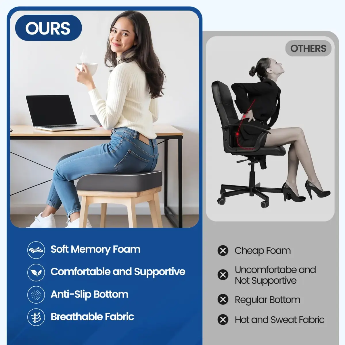 SweetSlubr Memory Foam Seat Cushion XL | Tailbone Pain Relief, Ergonomic Office Chair Pad - view 5