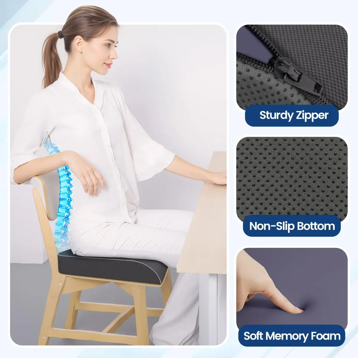SweetSlubr Memory Foam Seat Cushion Large 41cm (16"x18") | Ergonomic Tailbone Pain Relief for Office, Car, Travel - view 3