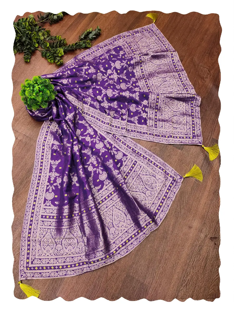 TRENDMALLS Women's Banarasi Silk Dupatta 2.25m Purple | Ethnic Floral Zari Weave - main product image