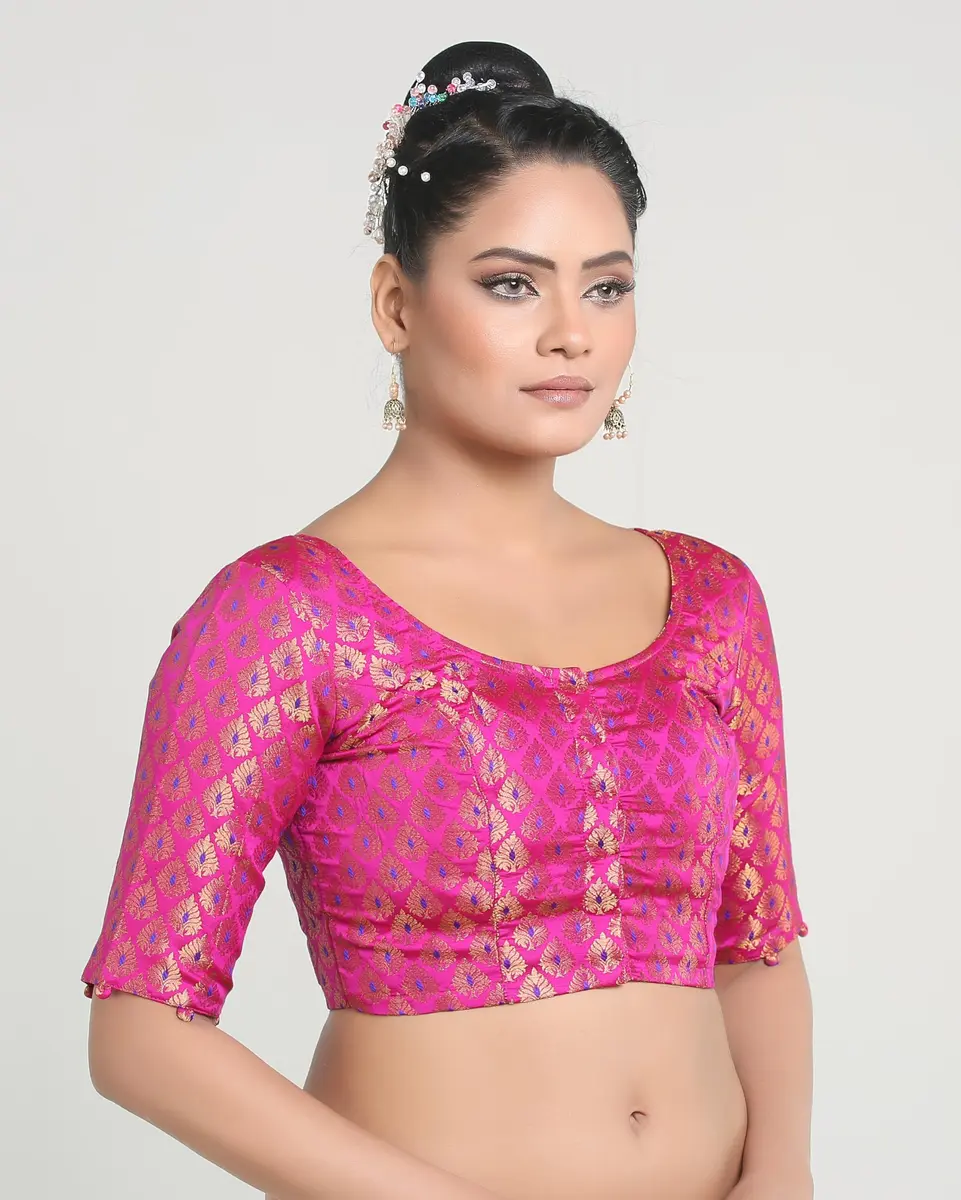Madhu Fashion Brocade Saree Blouse Pink | Elegant, Non-Padded, Cotton Lined (42) - view 4