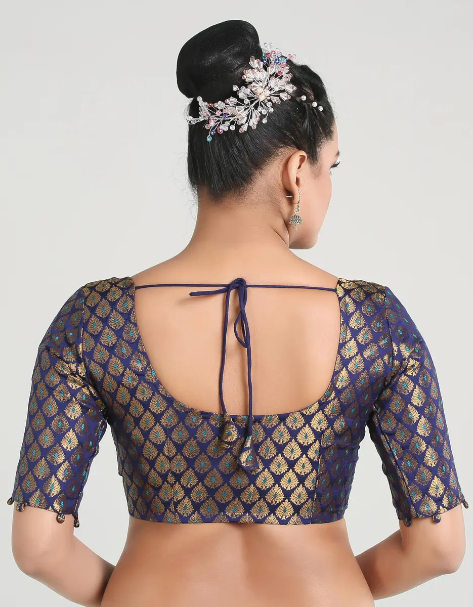 Madhu Fashion Brocade Elbow Length Sleeves Saree Blouse | Navy Blue, Size 32 - view 2