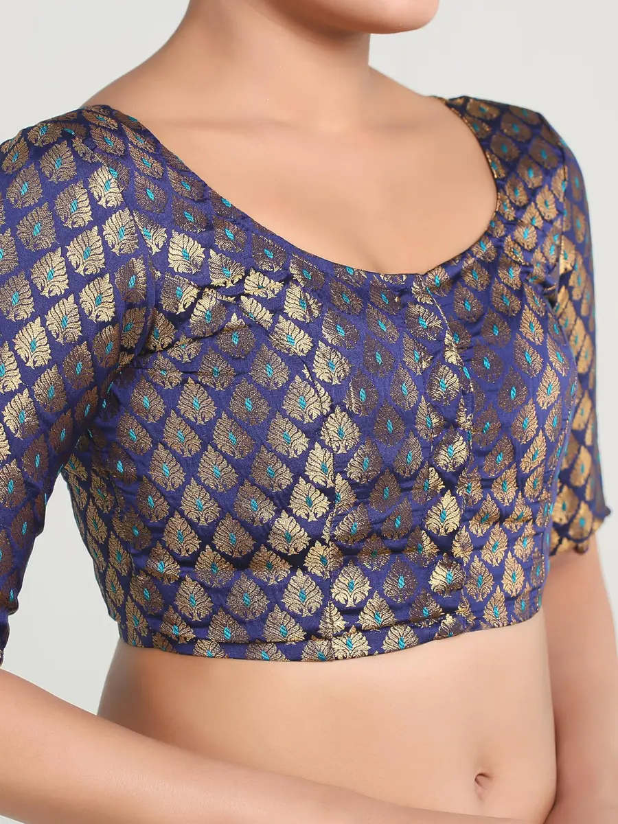 Madhu Fashion Brocade Elbow Length Sleeves Saree Blouse | Navy Blue, Size 32 - view 3