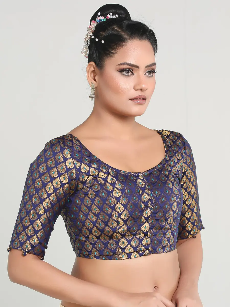 Madhu Fashion Brocade Elbow Length Sleeves Saree Blouse | Navy Blue, Size 32 - view 4