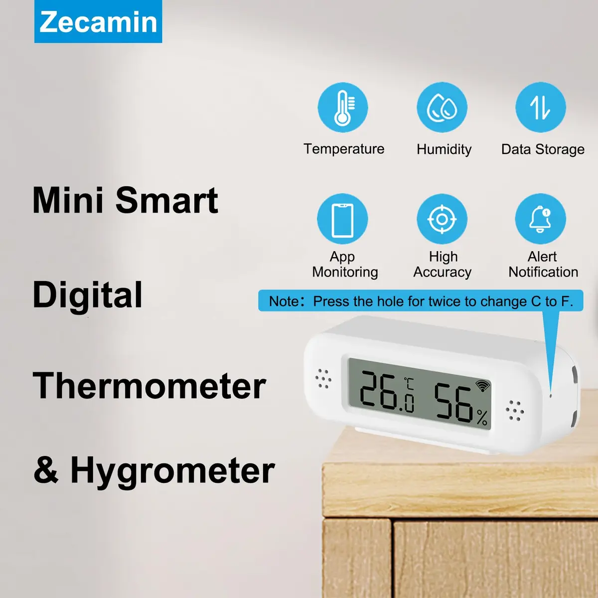 Zecamin Digital Thermometer Hygrometer | WiFi Indoor Temp & Humidity with App Alerts - view 2
