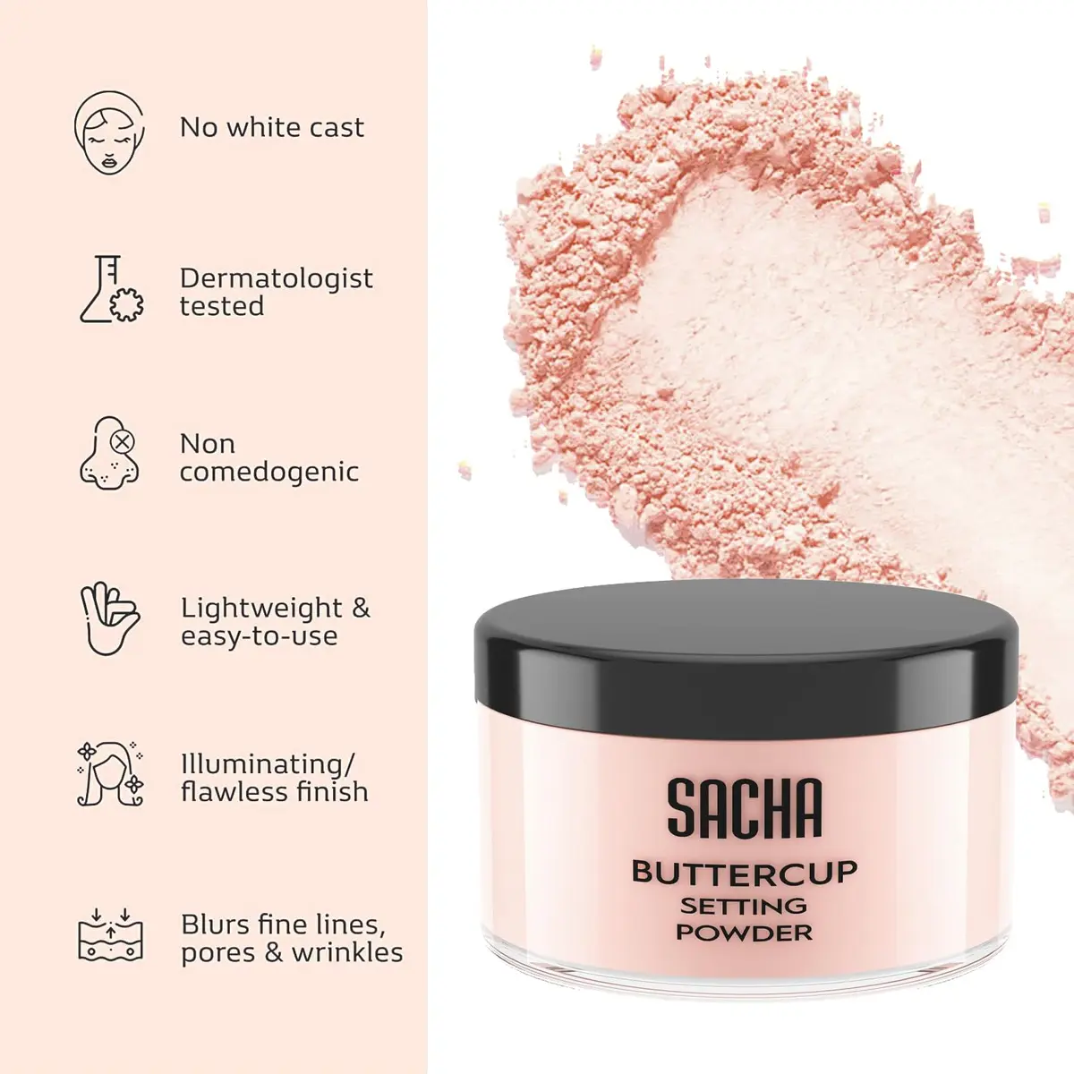 Sacha Buttercup Rosé Setting Powder 1.75 oz | All Skin Tones, Long-Wear Matte Finish - view 4
