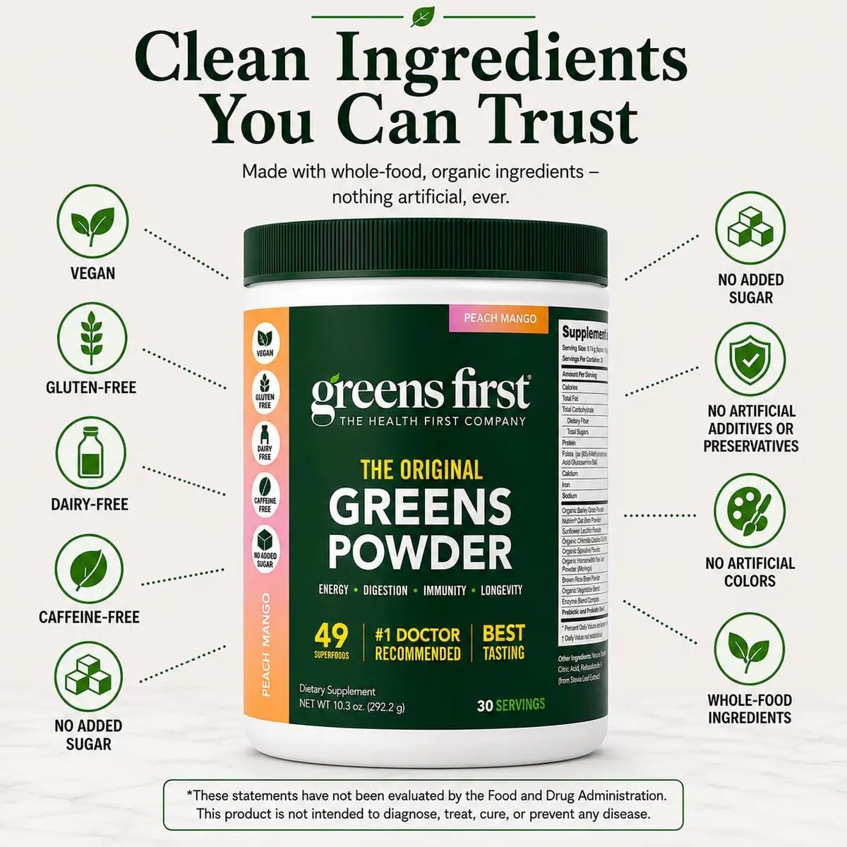 Greens First Original Greens Powder Peach Mango 10.3oz | Trusted Daily Nutrition - view 4