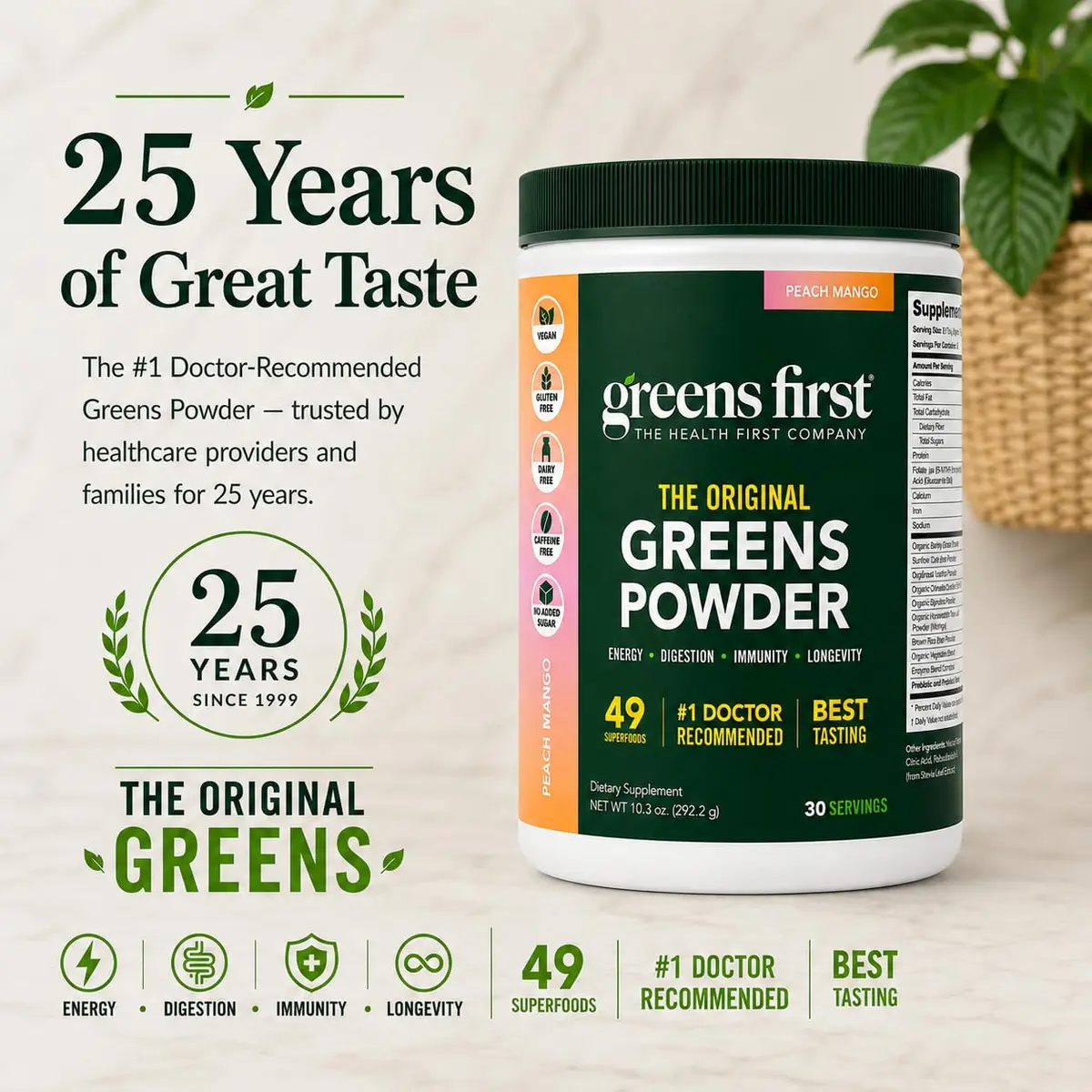 Greens First Original Greens Powder Peach Mango 10.3oz | Trusted Daily Nutrition - view 6