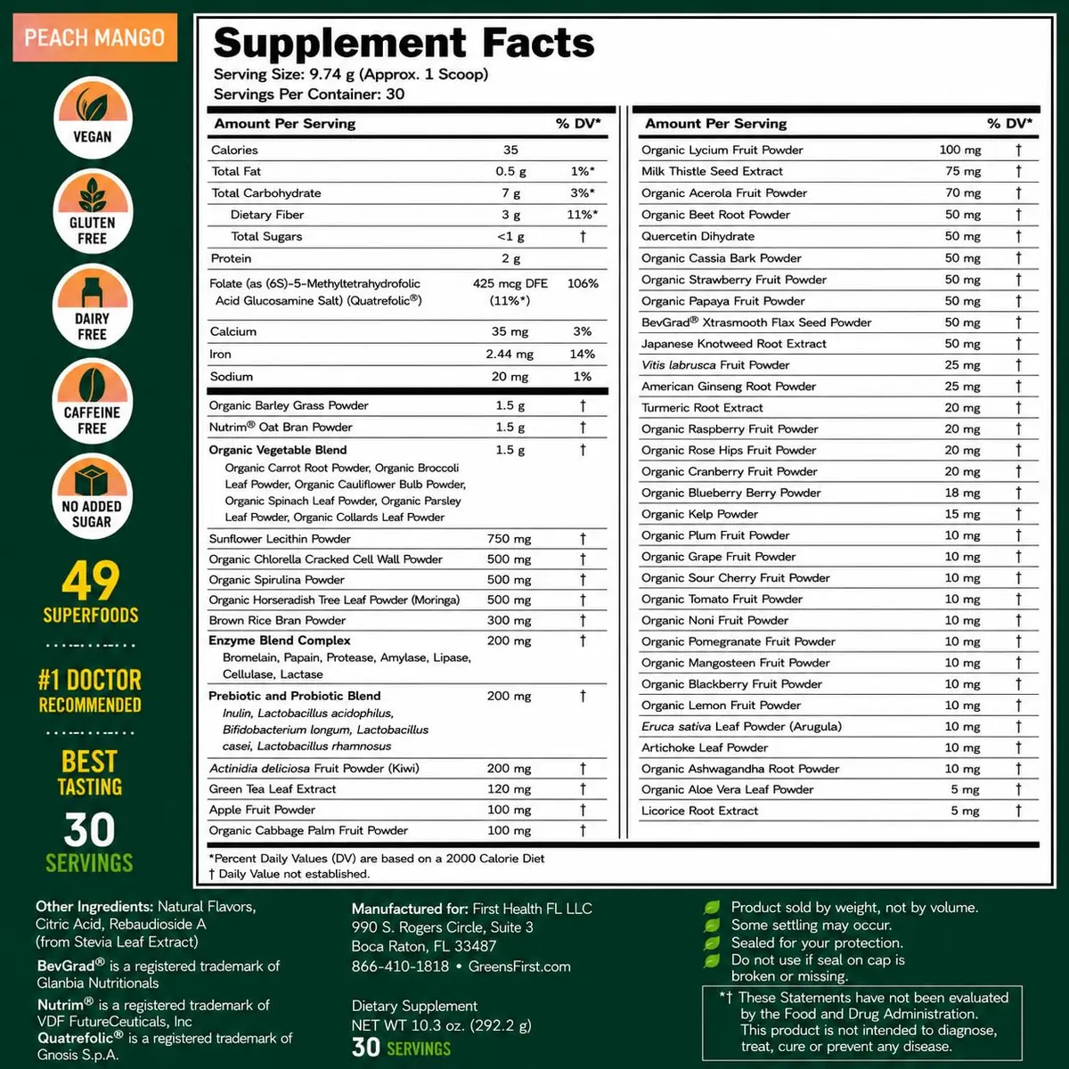 Greens First Original Greens Powder Peach Mango 10.3oz | Trusted Daily Nutrition - view 2