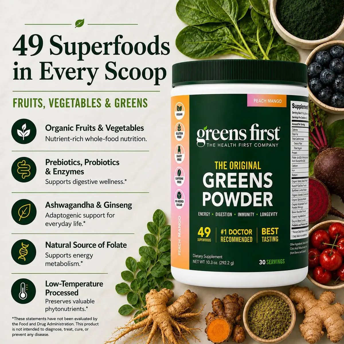 Greens First Original Greens Powder Peach Mango 10.3oz | Trusted Daily Nutrition - view 3