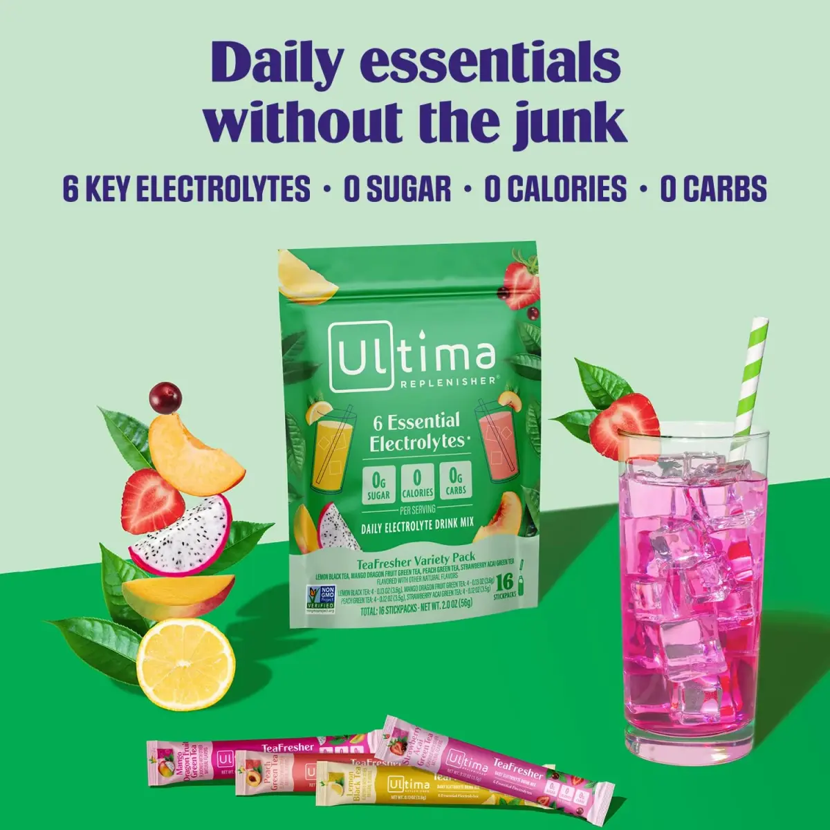 Ultima Replenisher Electrolyte Powder & Instant Tea Drink Mix, TeaFresher Variety, 16 Stickpacks | Sugar Free Hydration with Fruit & Tea Fusions - view 2
